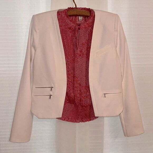 BCBG L Off-White Profesional Crop Asymmetrical Open Front Blazer Jacket - Picture 1 of 10